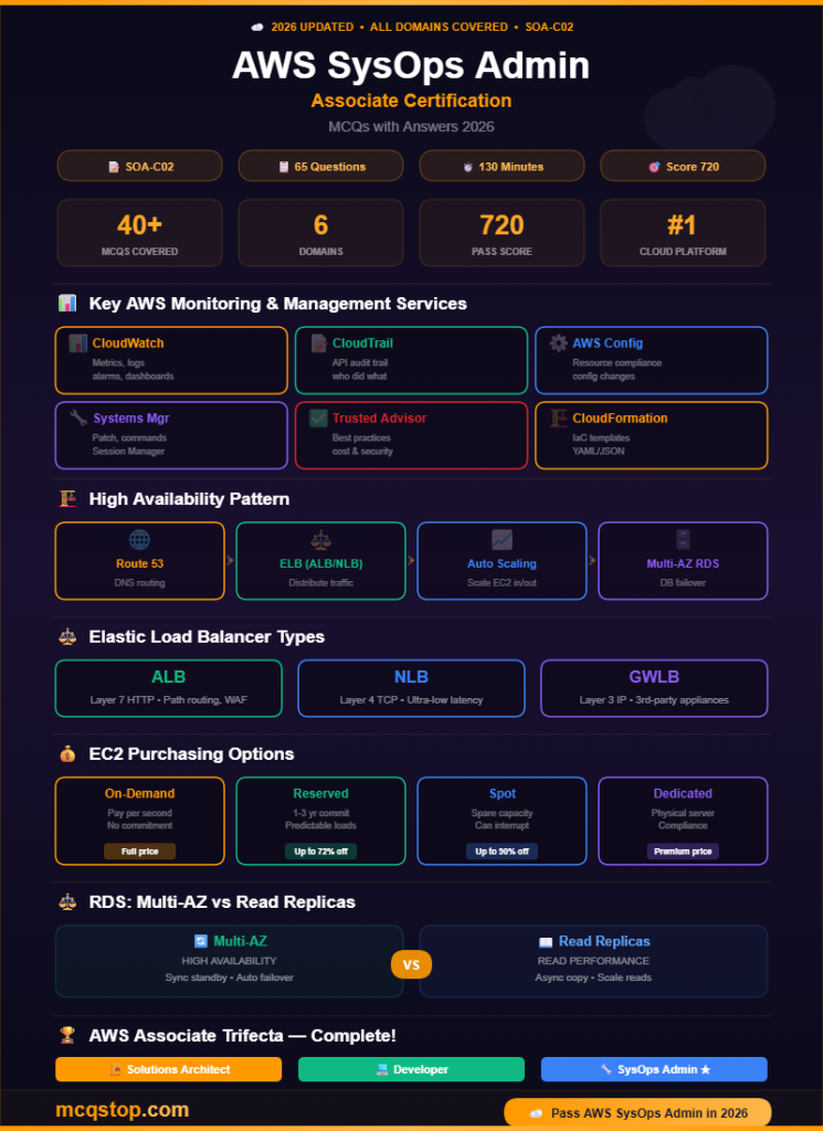 AWS SysOps Administrator Associate SOA-C02 MCQs with Answers 2026 - All Domains Infographic - mcqstop.com
