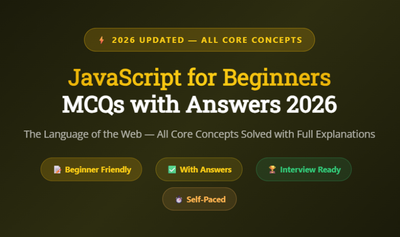 JavaScript for Beginners MCQs with Answers 2026 - Featureimage - mcqstop.com