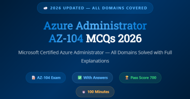 Microsoft Azure Administrator AZ-104 MCQs with Answers 2026 - Featureimage - mcqstop.com