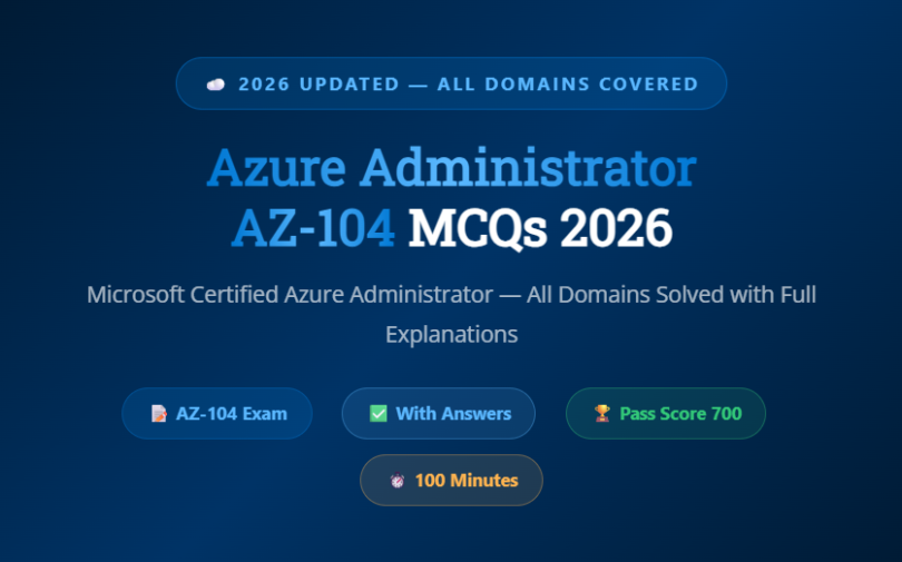 Microsoft Azure Administrator AZ-104 MCQs with Answers 2026 - Featureimage - mcqstop.com