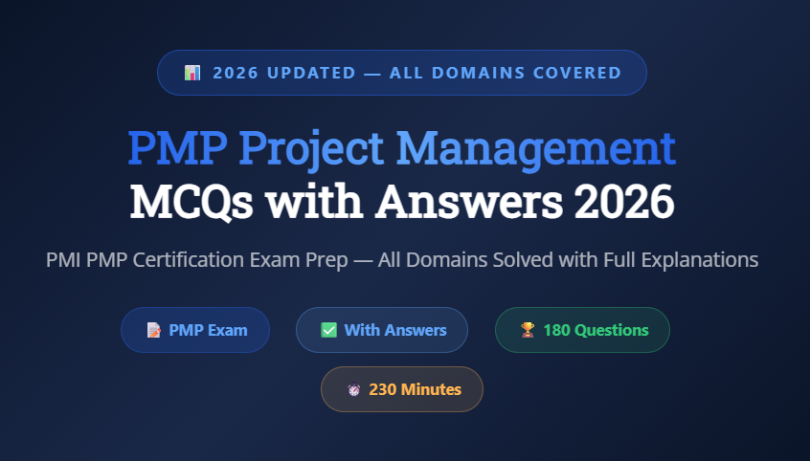 PMP Project Management Professional MCQs with Answers 2026 - Featureimage - mcqstop.com